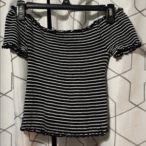 stripped off the shoulder ruffle detailed crop top